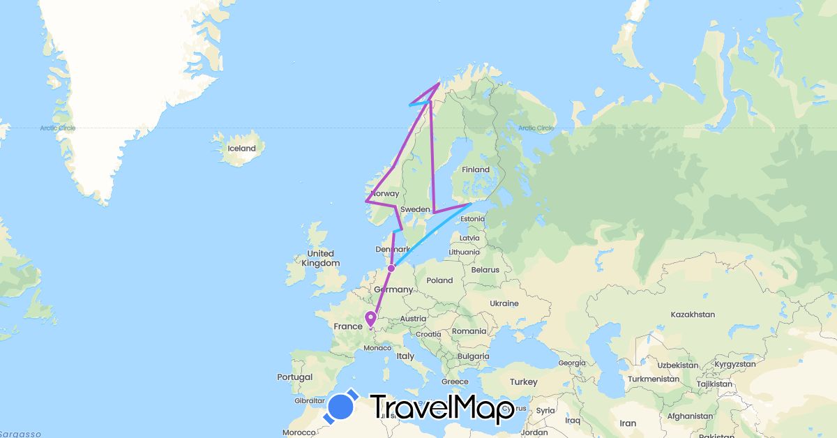 TravelMap itinerary: train, boat in Switzerland, Germany, Denmark, Finland, Norway, Sweden (Europe)